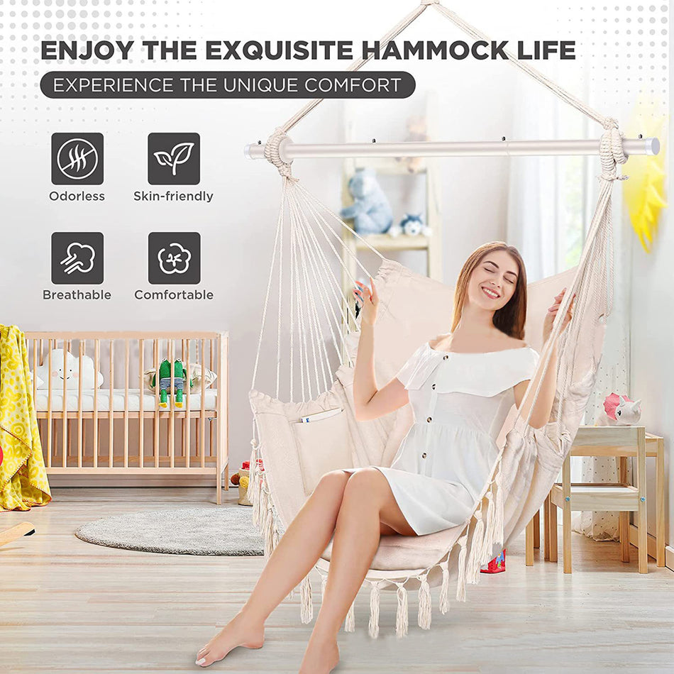 Indoor/Outdoor Hammock Chair Hanging Rope Swing With Cushions 150KG Load Bearing