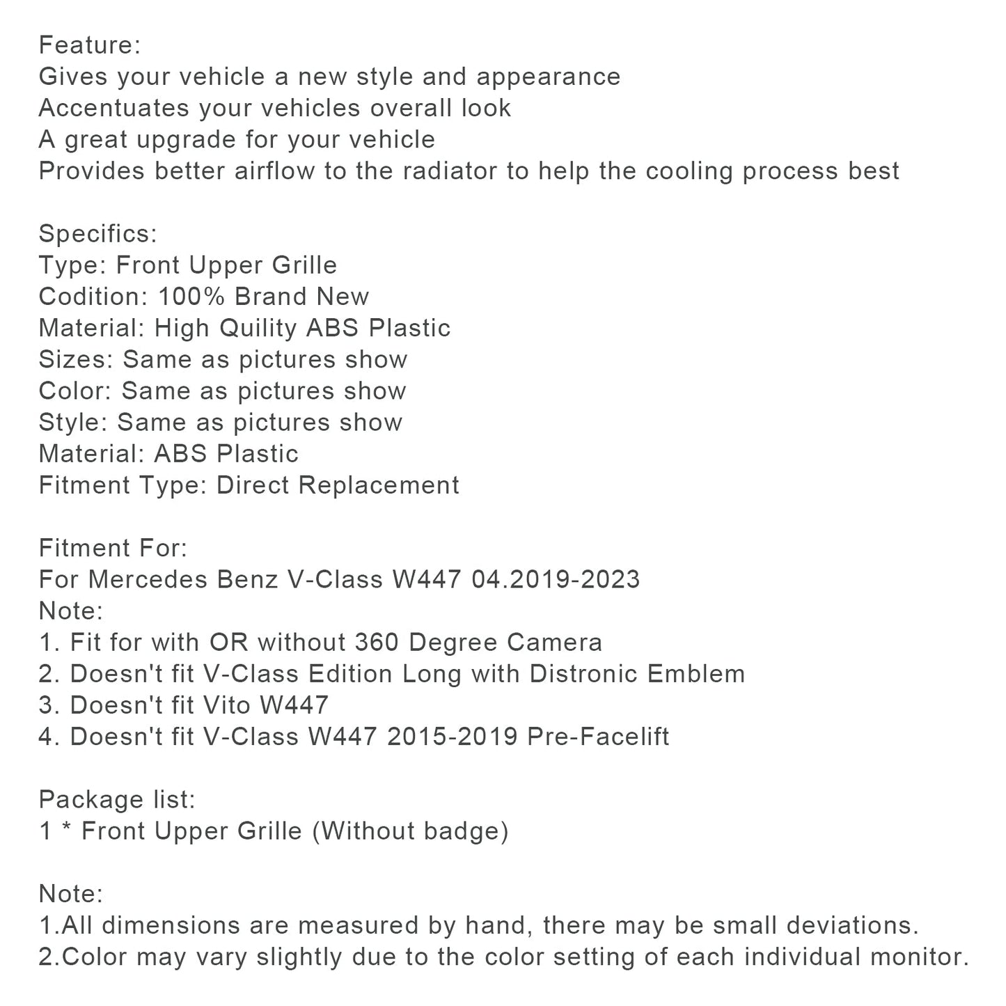 04.2019-2023 V-Klasse W447 Mercedes Benz Front-Obergrill