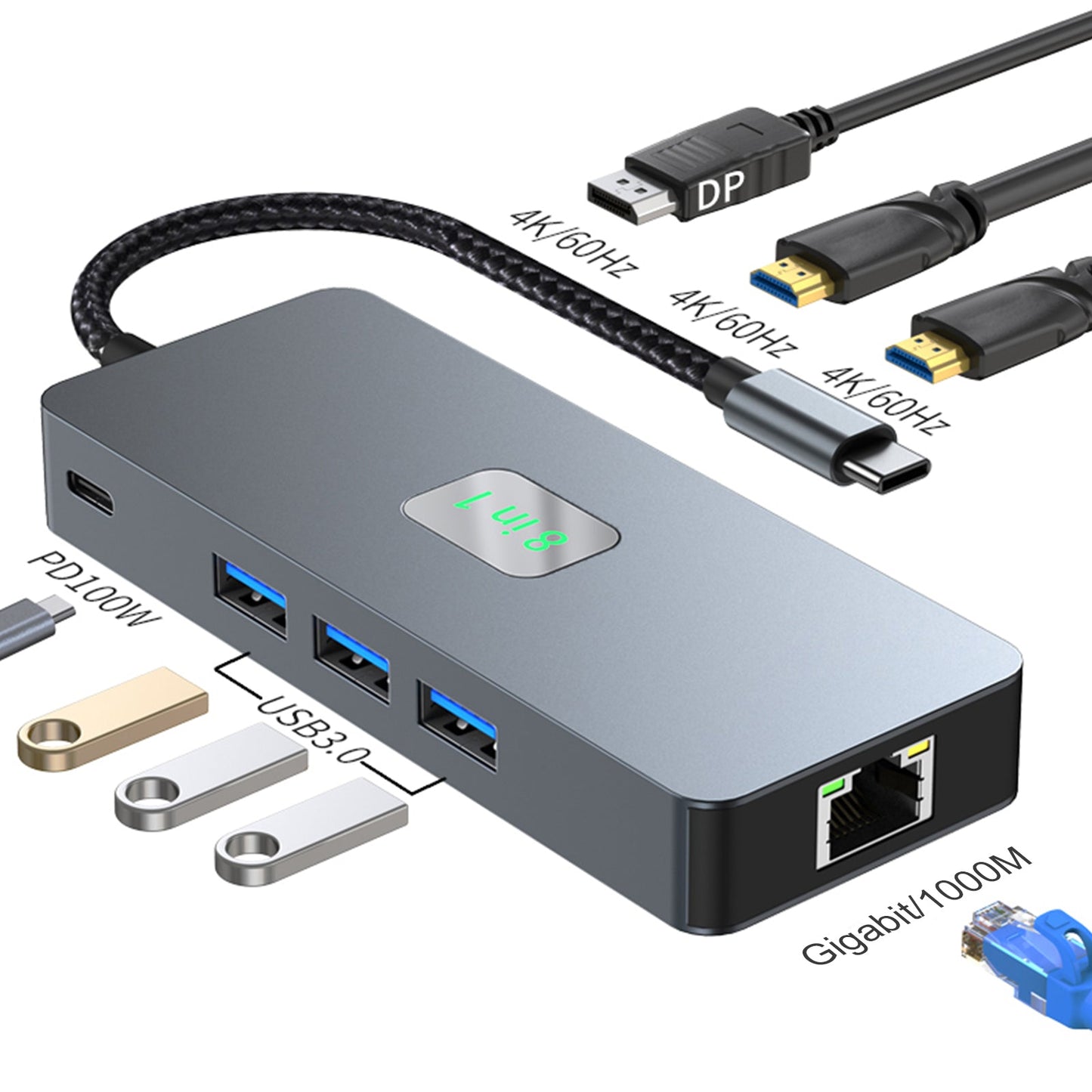 8 in 1 TYPE-C zu RJ45 Gigabit USB 3.0 HDMI DP PD100W Schnittstellen-Hub-Adapter-Dock