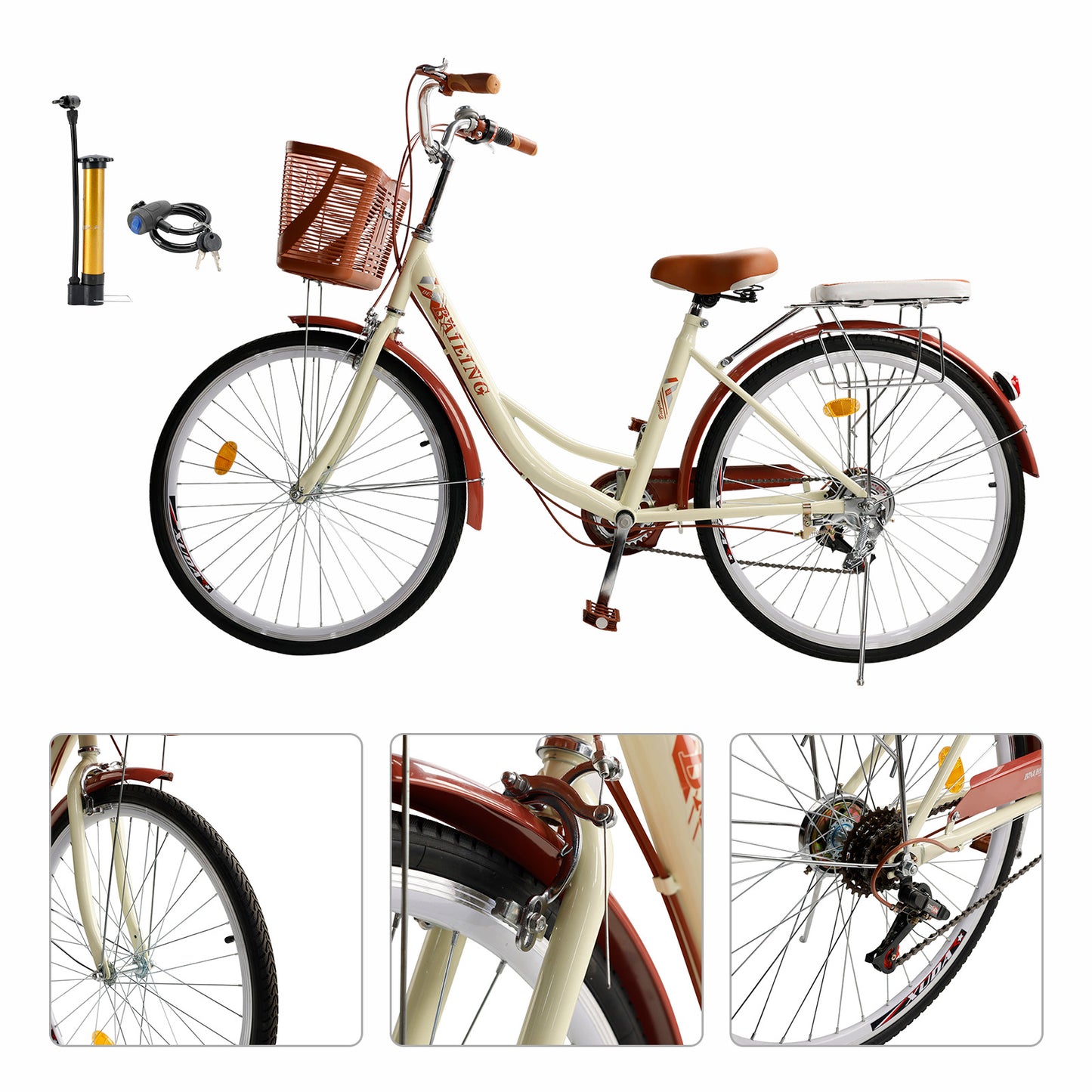 7 Gänge 26" Speichenrad Cruiser Fahrrad Damenfahrrad Mädchen Citybike Creme