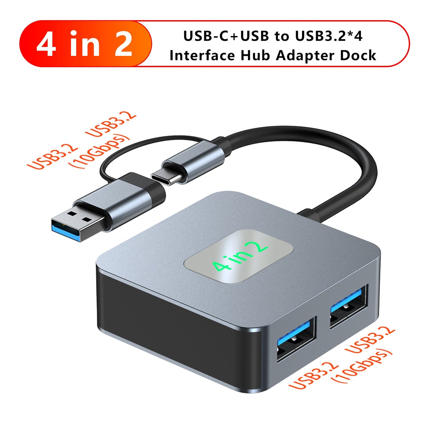 4-in-2 Typ-C + USB zu USB3.2 * 4 Schnittstellen-Hub-Adapter-Dock für MacBook iPad 15