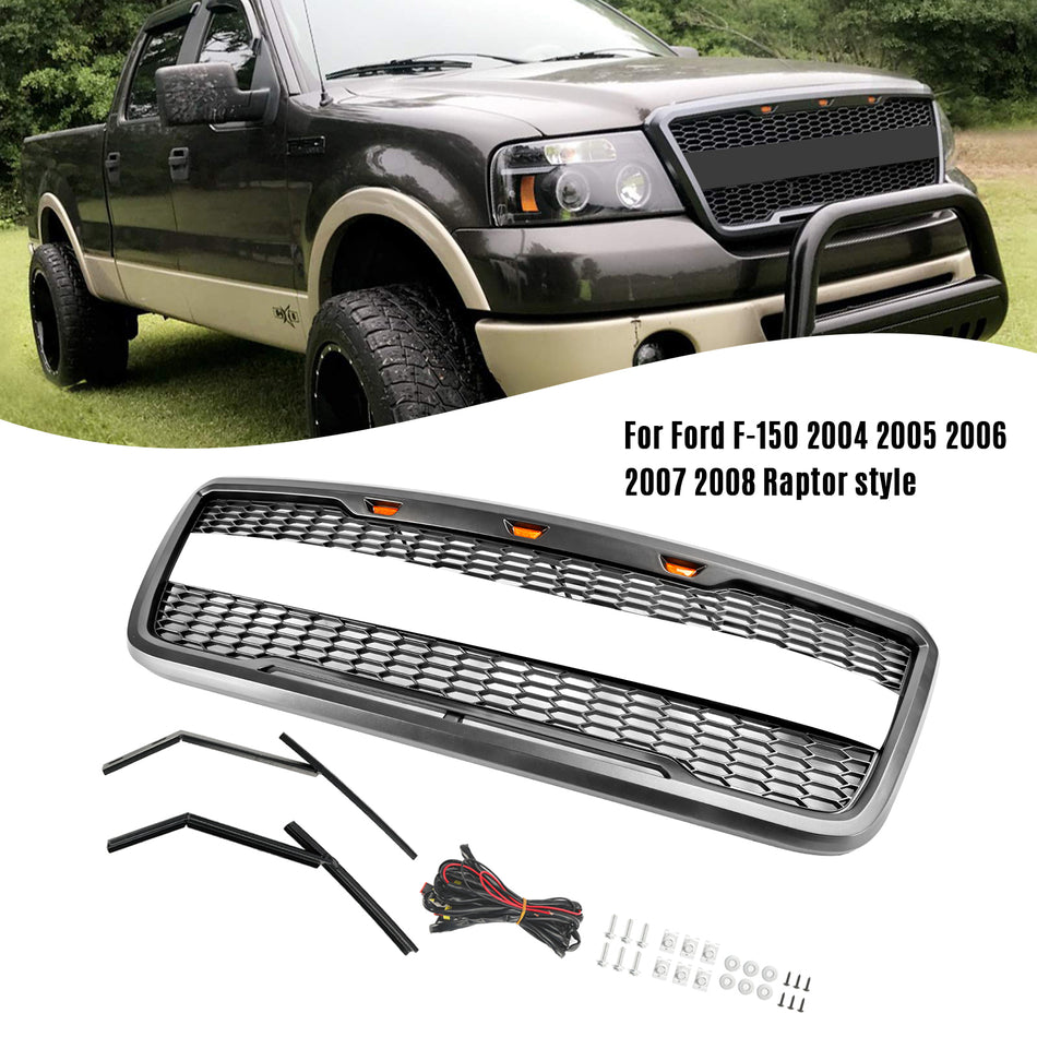Raptor Style Front Mesh Hood Grille Grill Fit Ford F150 2004-2008 With LED