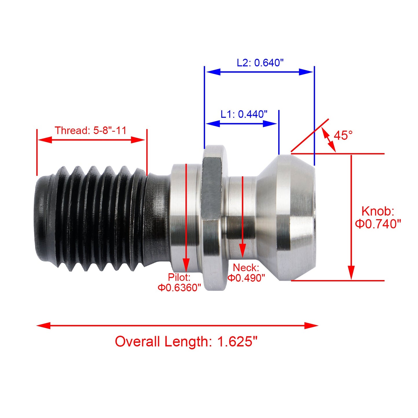 10 Stück CAT40 45° 0,740 Zoll Zugbolzen-Halteknopf passend für Mazak Fadal CNC, Silber