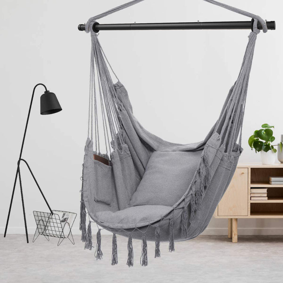 Indoor/Outdoor Hammock Chair Hanging Rope Swing With Cushions 150KG Load Bearing