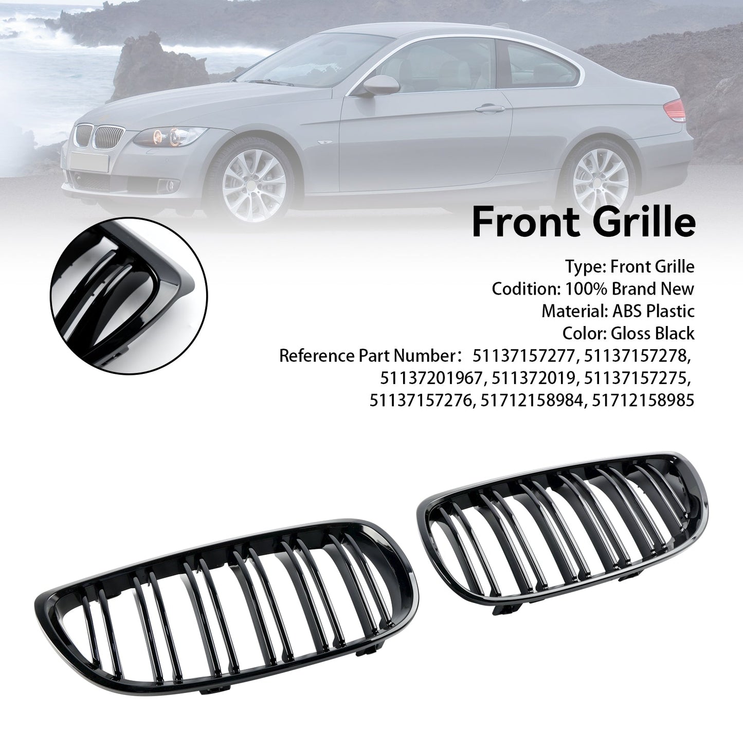 Glänzend Schwarz Front Niere Grill Grille Fit BMW E92 E93 328i 335i 2006-2010 2DR