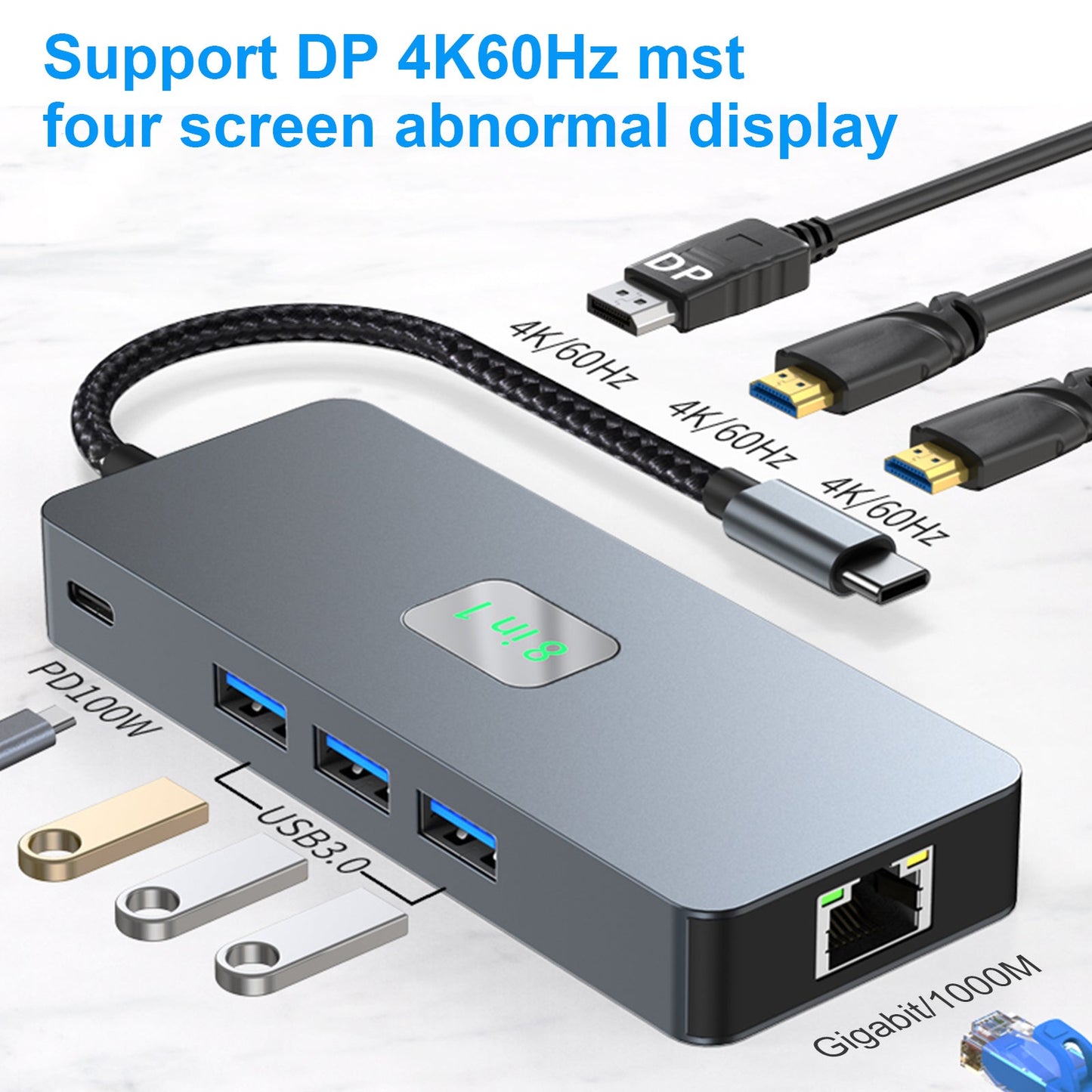 8 in 1 TYPE-C zu RJ45 Gigabit USB 3.0 HDMI DP PD100W Schnittstellen-Hub-Adapter-Dock