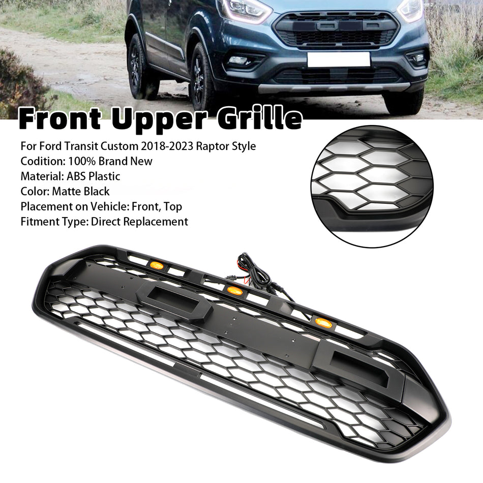 Matte Black Front Bumper Grille Fit Ford Transit Custom Trail 2018-2023 W/ 3LED