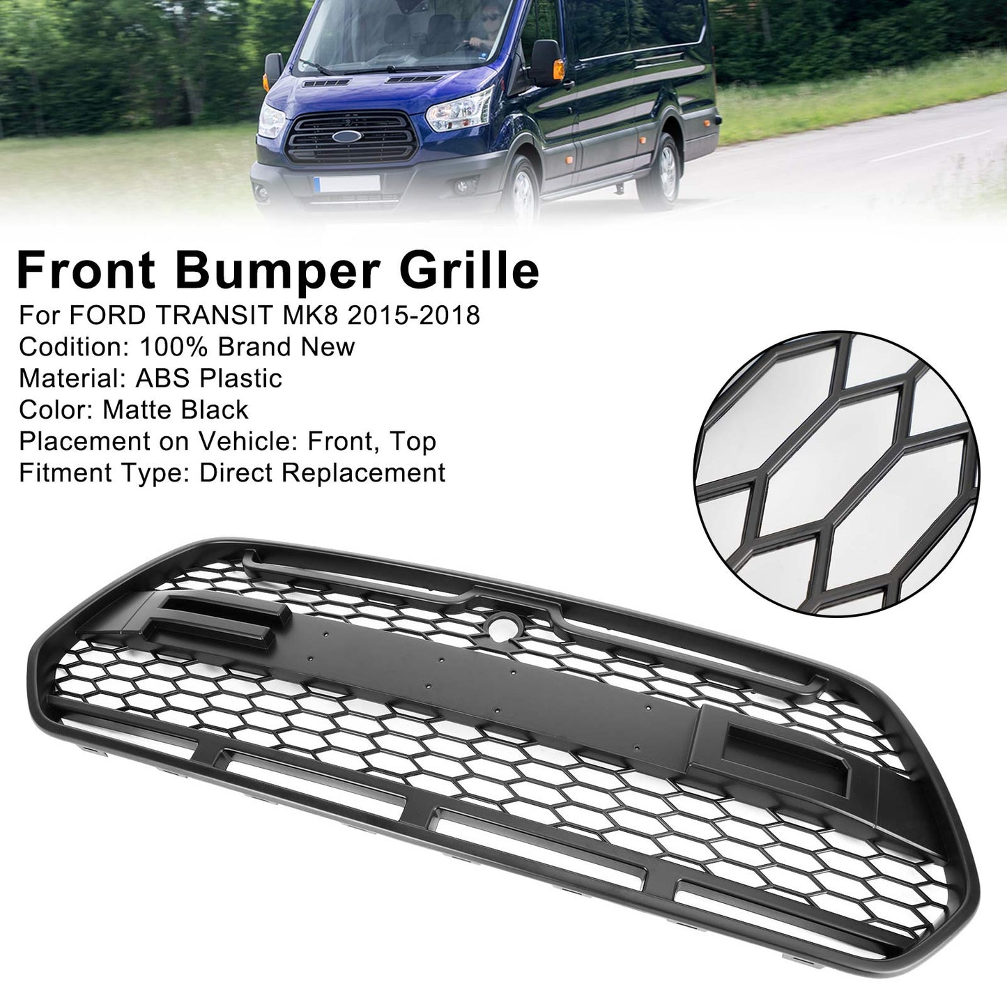 Matt Black Front Bumper Grille Grill Fit Ford Transit MK8 2015-2018 Raptor