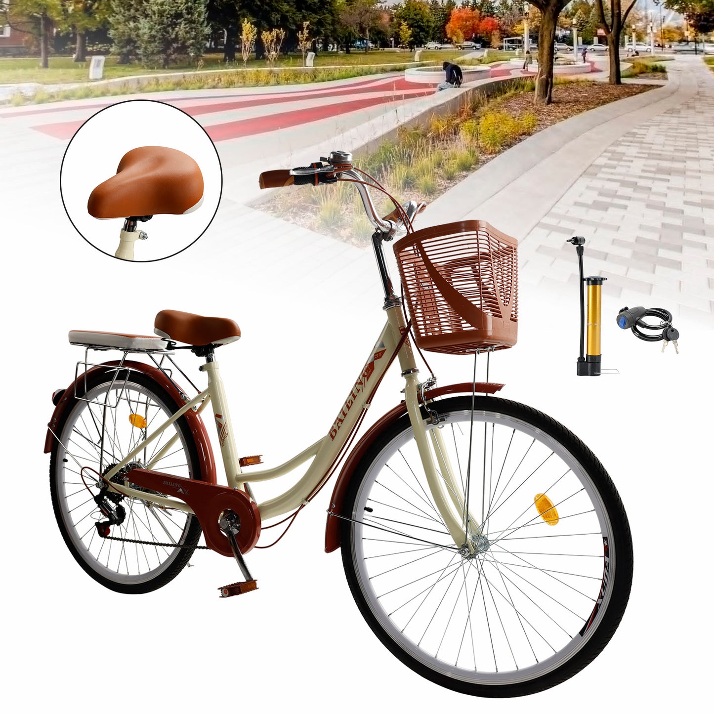 7 Gänge 26" Speichenrad Cruiser Fahrrad Damenfahrrad Mädchen Citybike Creme