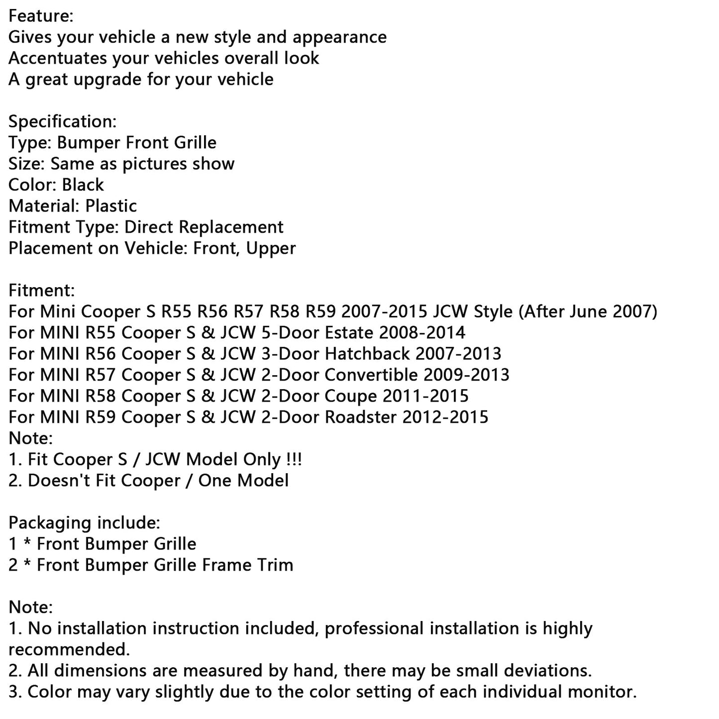 2012–2015 Mini R59 Cooper S &amp; JCW 2-türiges Roadster-Coupé, 3-teilig, gl?nzend schwarzer Frontgrill