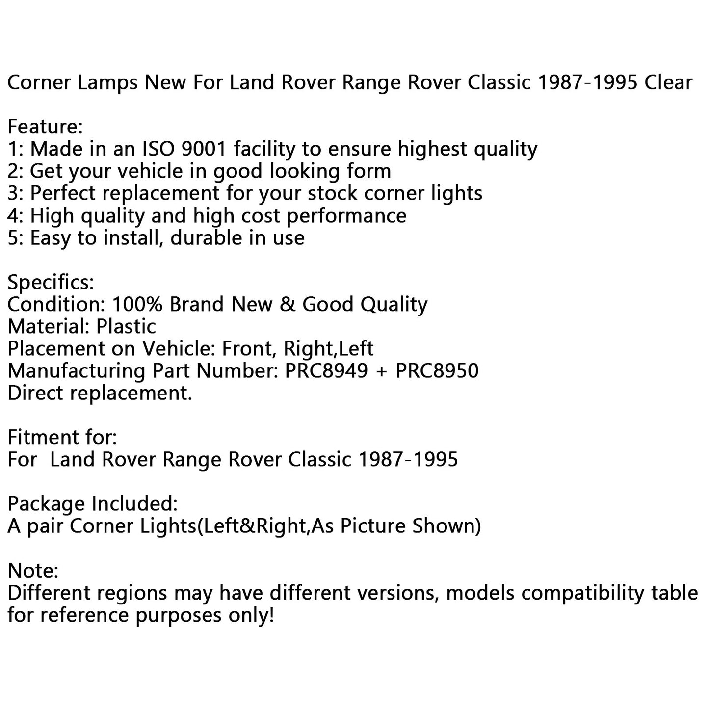 Corner Lamps New Für Land Rover Range Rover Classic 1987-1995 Clear