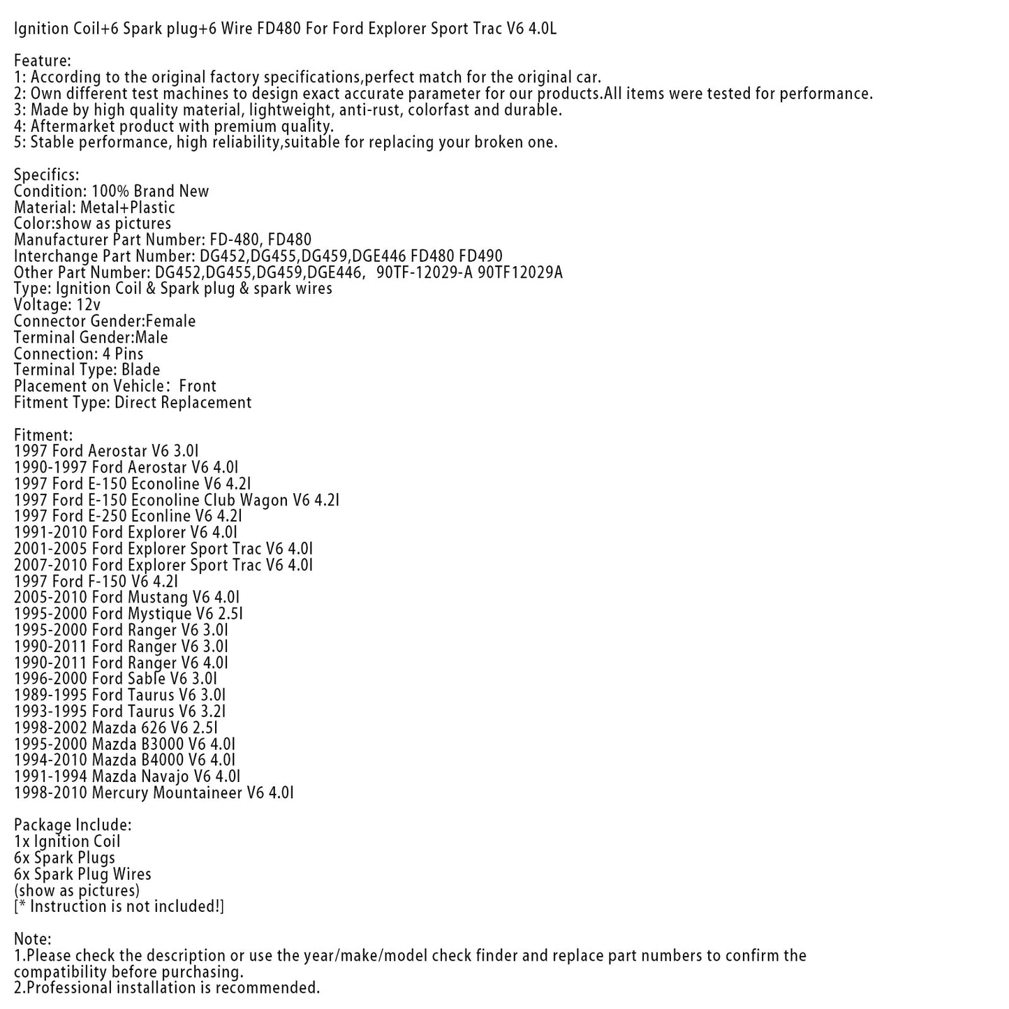 Zündspule + 6 Zündkerzen + 6 Drähte FD480 für Ford Explorer Sport Trac V6 4.0L