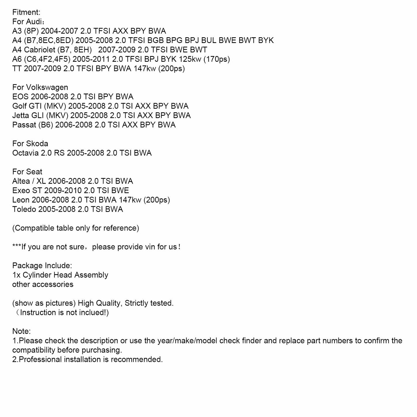 2005-2008 Audi A4 (B7,8EC,8ED) 2.0 TFSI BGB BPG BPJ BUL BWE BWT BYK Zylinderkopfbaugruppe 06D103351D