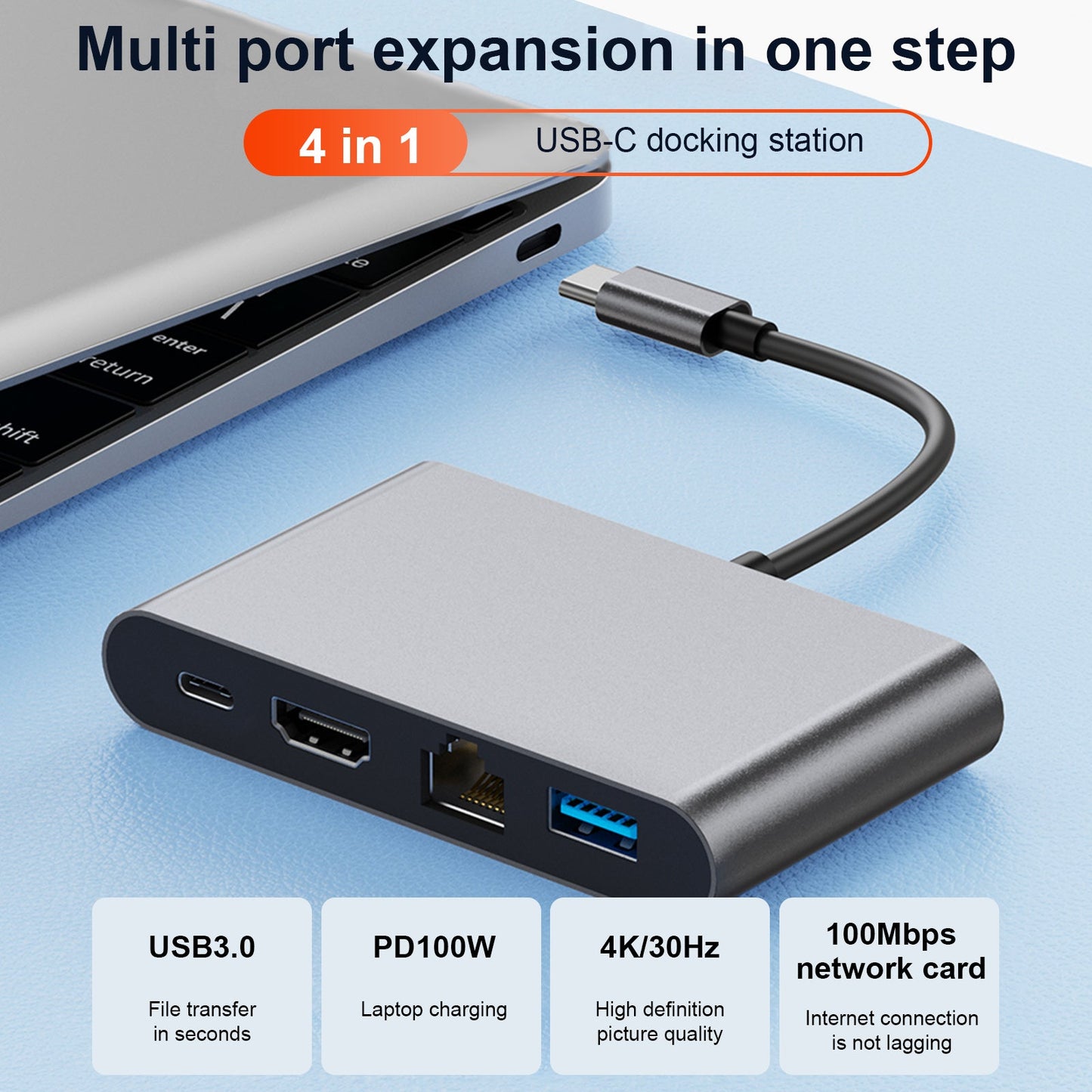 4-in-1-Dockingstation TYPE-C auf RJ45 100M HDMI USB3.0 PD-Schnittstelle für MacBook