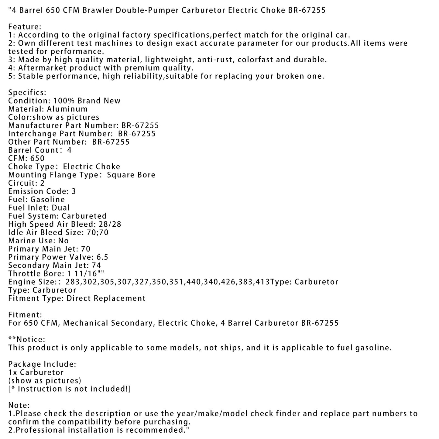 4 Barrel 650 CFM Brawler Doppelpumpenvergaser Elektrischer Choke BR-67255
