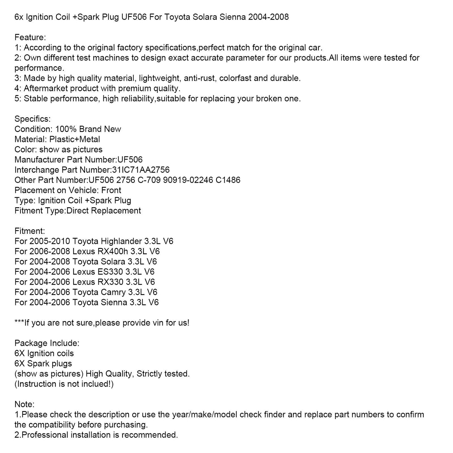 2004-2006 Toyota Sienna 3,3 l V6 6x Zündspule + Zündkerze UF506 31IC71AA2756