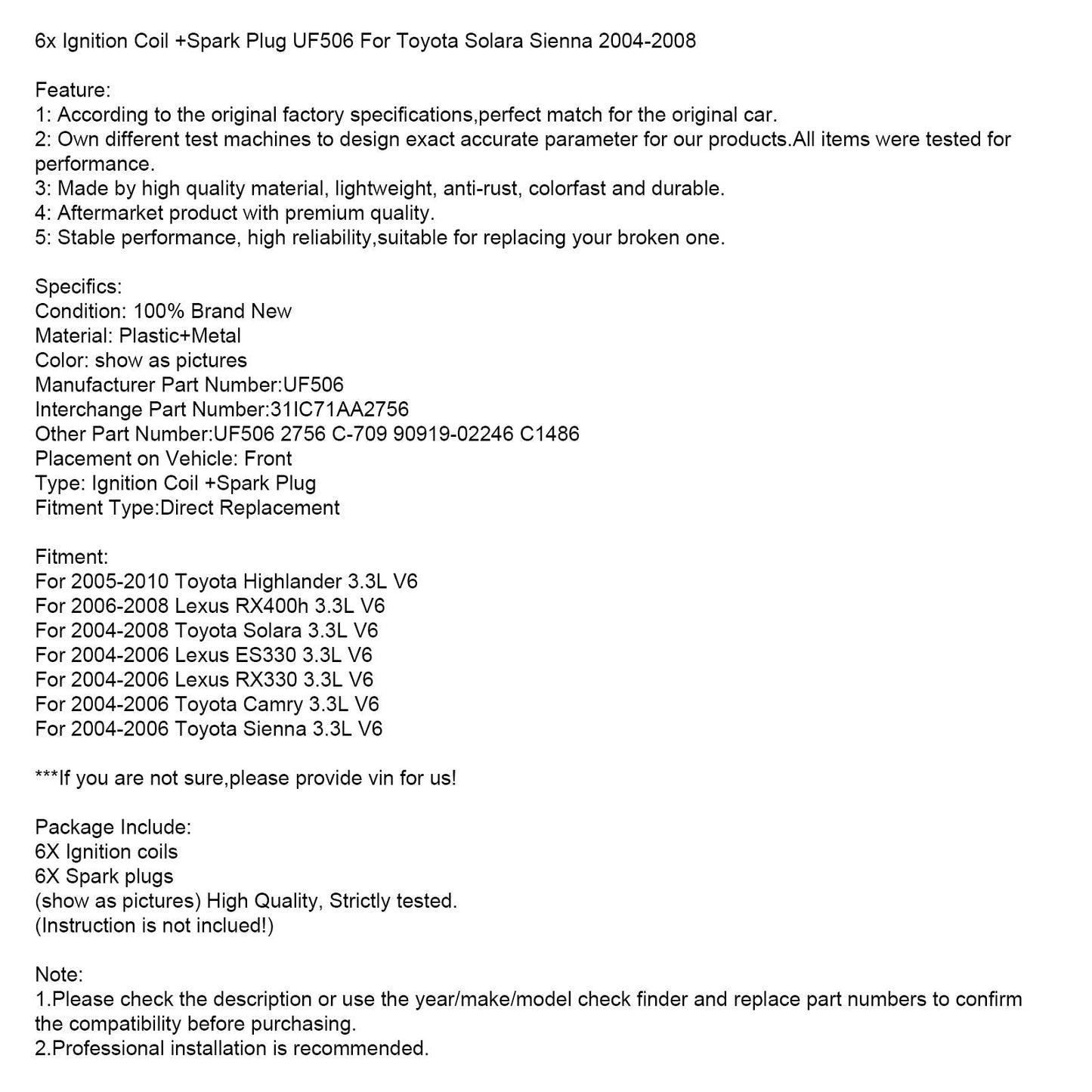 2006-2008 Lexus RX400h 3,3 l V6 6x Zündspule + Zündkerze UF506 31IC71AA2756