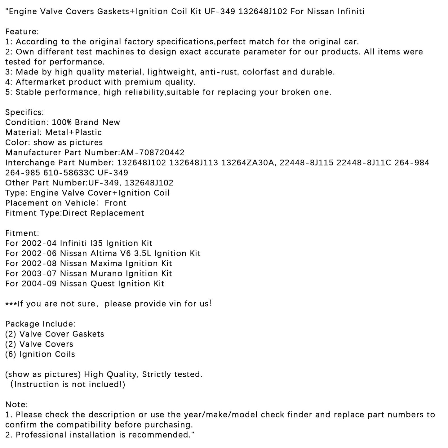 2003-2007 Nissan Murano Zündungssatz Zündungssatz Motorventildeckel Dichtungen + Zündspule UF-349 132648J102