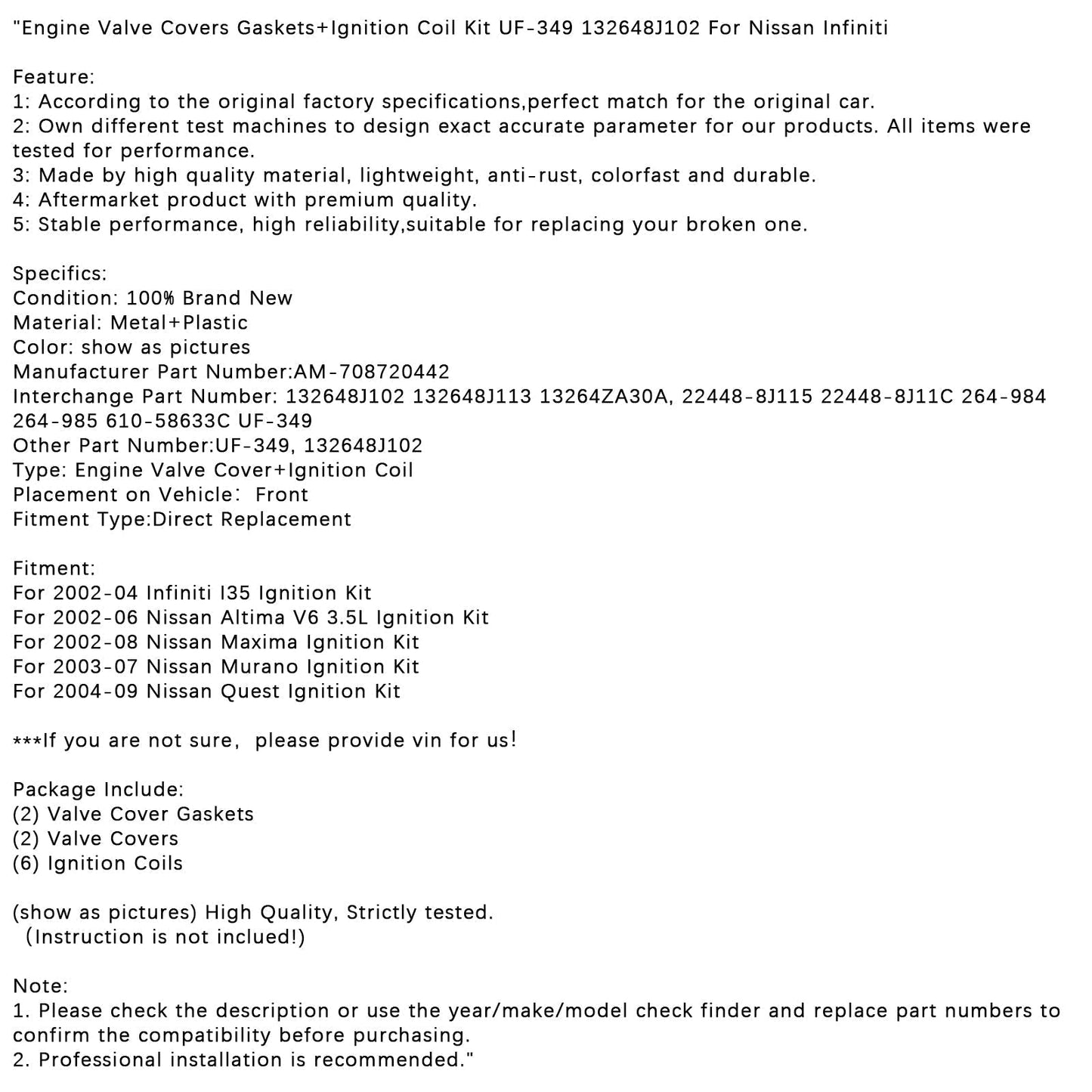 2004-2009 Nissan Quest Zündungssatz Zündungssatz Motorventildeckel Dichtungen + Zündspule UF-349 132648J102