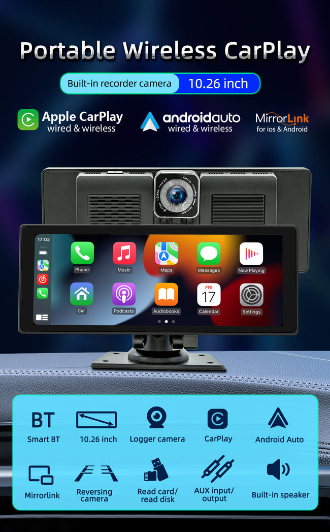 10,26 "Drahtlose Carplay Bluetooth Radio FM Auto MP5 Player AHD Recorder Kamera