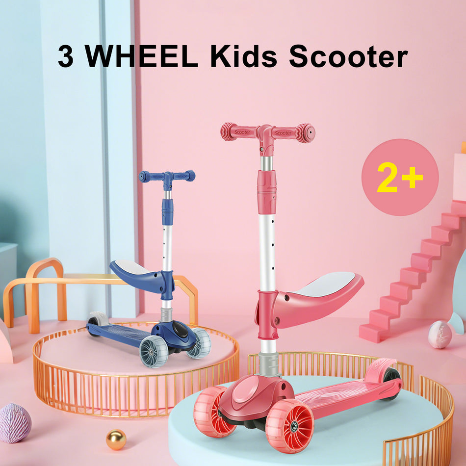 2-in-1 Kinderroller mit Faltbarem Sitz, LED-Lichtern und Verstellbarem Lenker – Blau/Pink