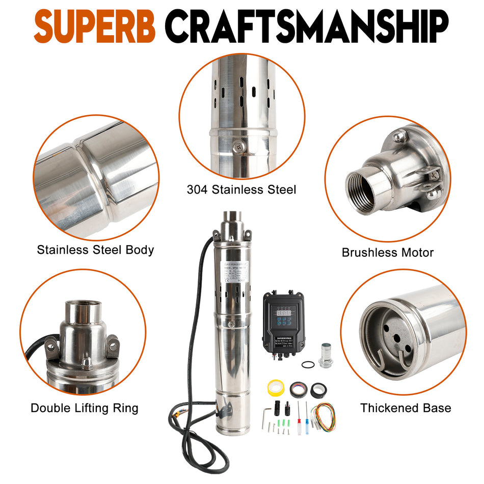3 Zoll 48 V 750 W MPPT Schrauben-Solar-Tiefbrunnenpumpe, untertauchbar, aus Edelstahl