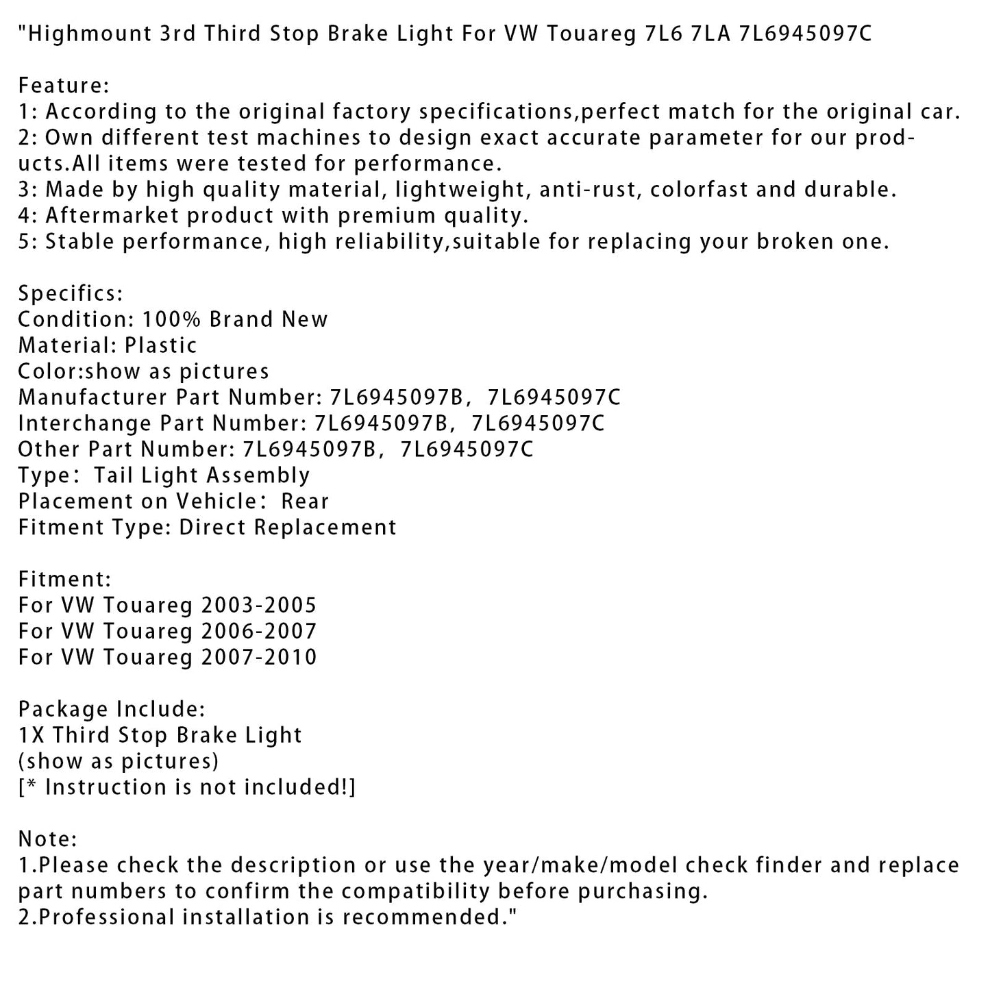 Highmount 3. Dritte Stop Bremslicht Für VW Touareg 7L6 7LA 7L6945097C