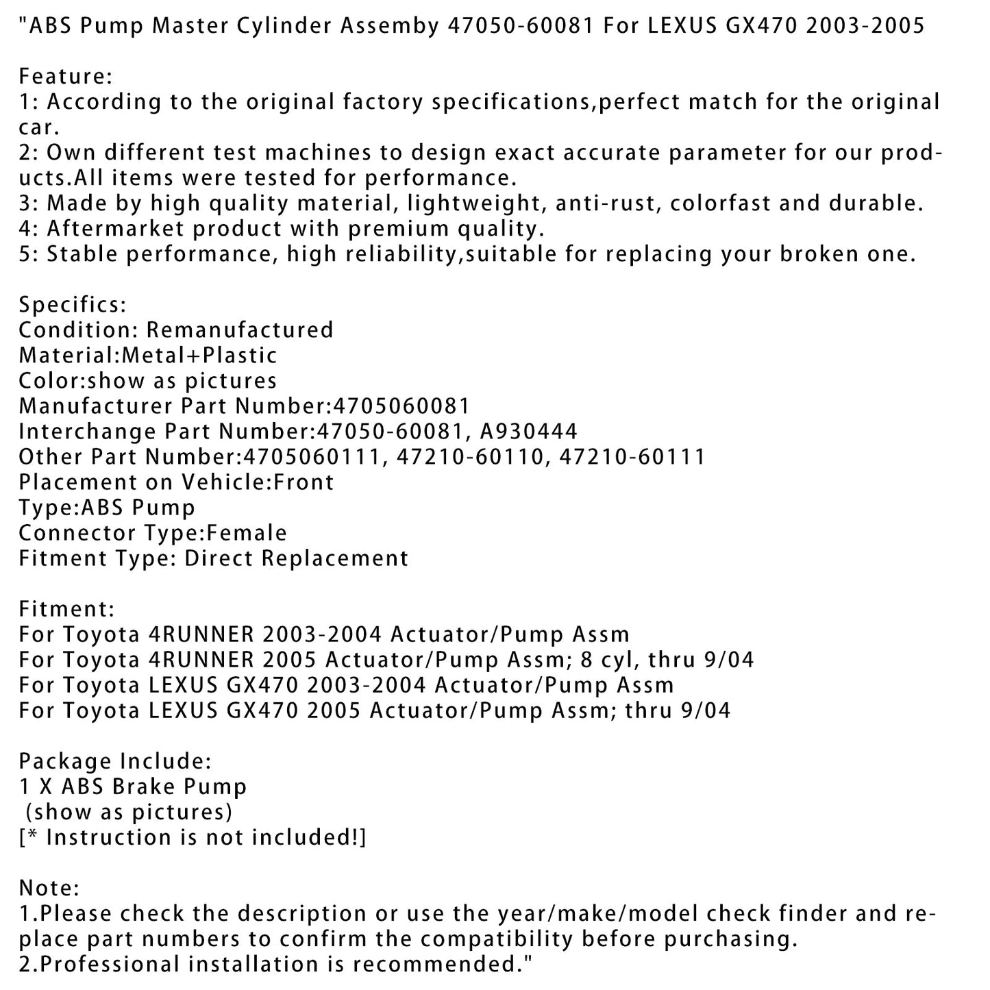 2003-2004 Toyota LEXUS GX470 Aktuator/Pumpe Assm ABS Pumpe Hauptzylinder Assemby 47050-60081