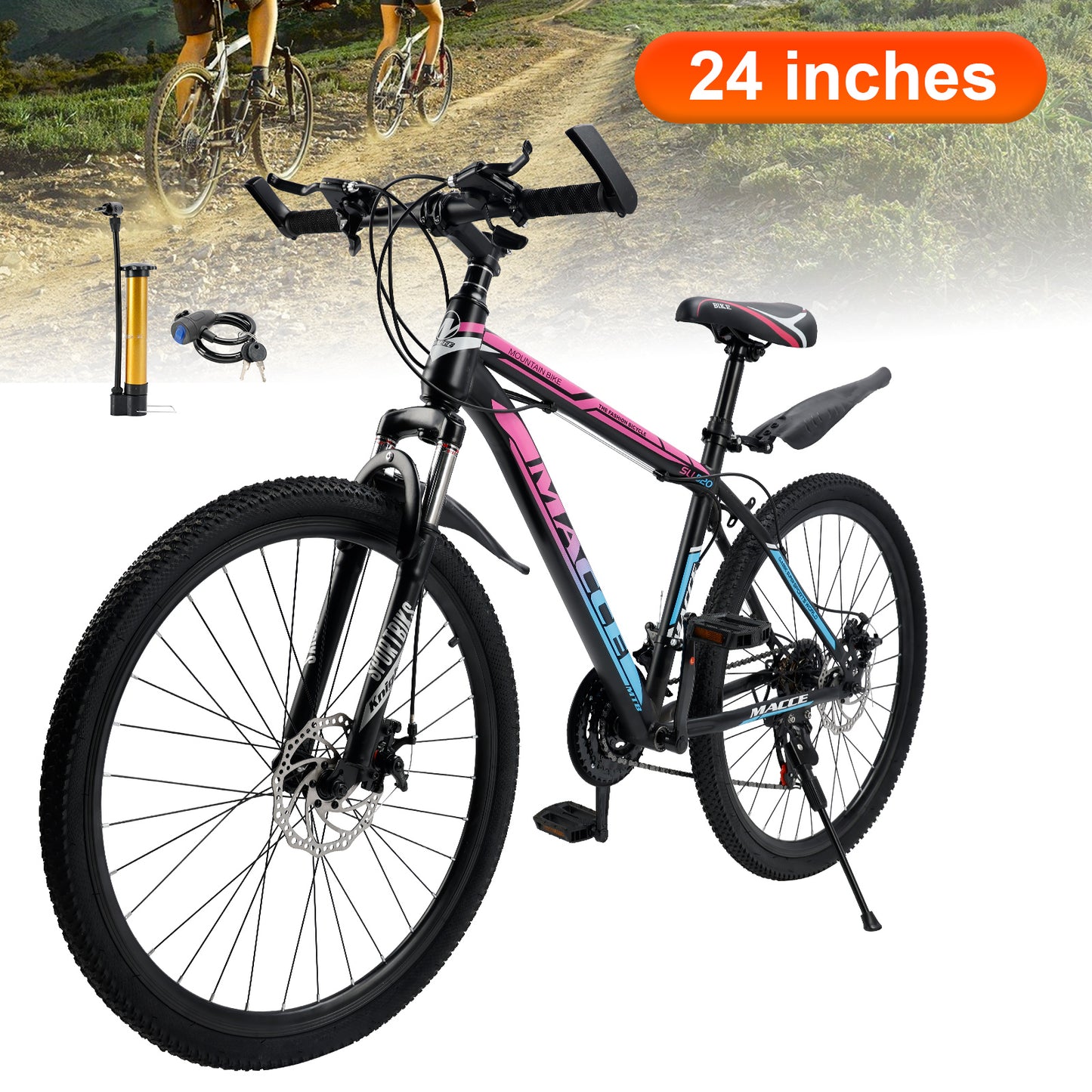 24 "Speichenrad 24 Geschwindigkeit Mountainbike Erwachsenenfahrrad Blau + Rosa