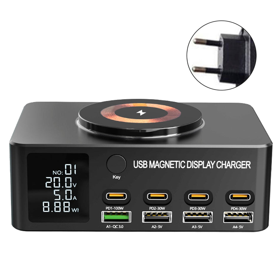 140W Schnellladegerät Intelligente Digitalanzeige PD100W Handy Notebook Magnetisches kabelloses Laden Multi-Port USB-Ladegerät EU-Stecker