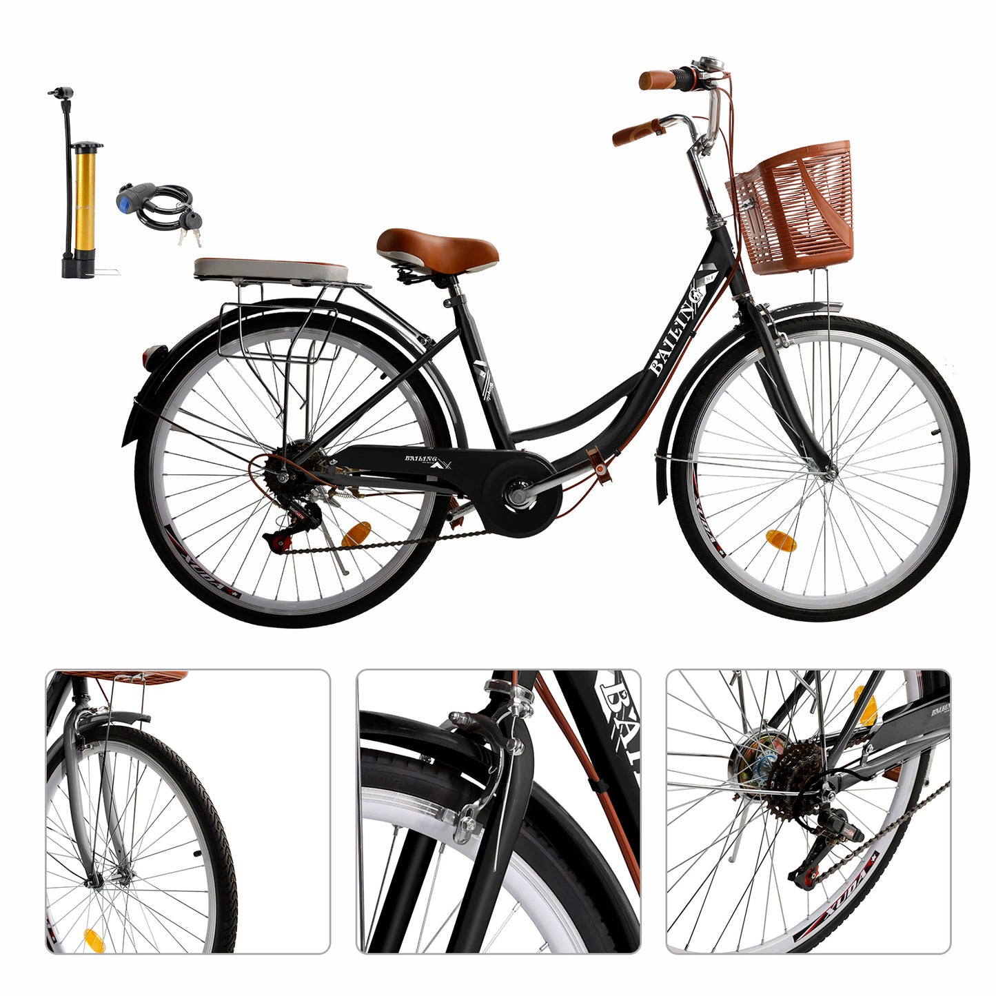 7-Gang 26" Speichenrad Cruiser Fahrrad Damenfahrrad Mädchen Citybike Schwarz