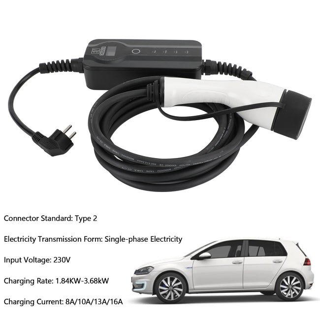 Level 2 EV Charging Cable Europe Plug Electric Car Charger 8/10/13/16A 230V 23FT