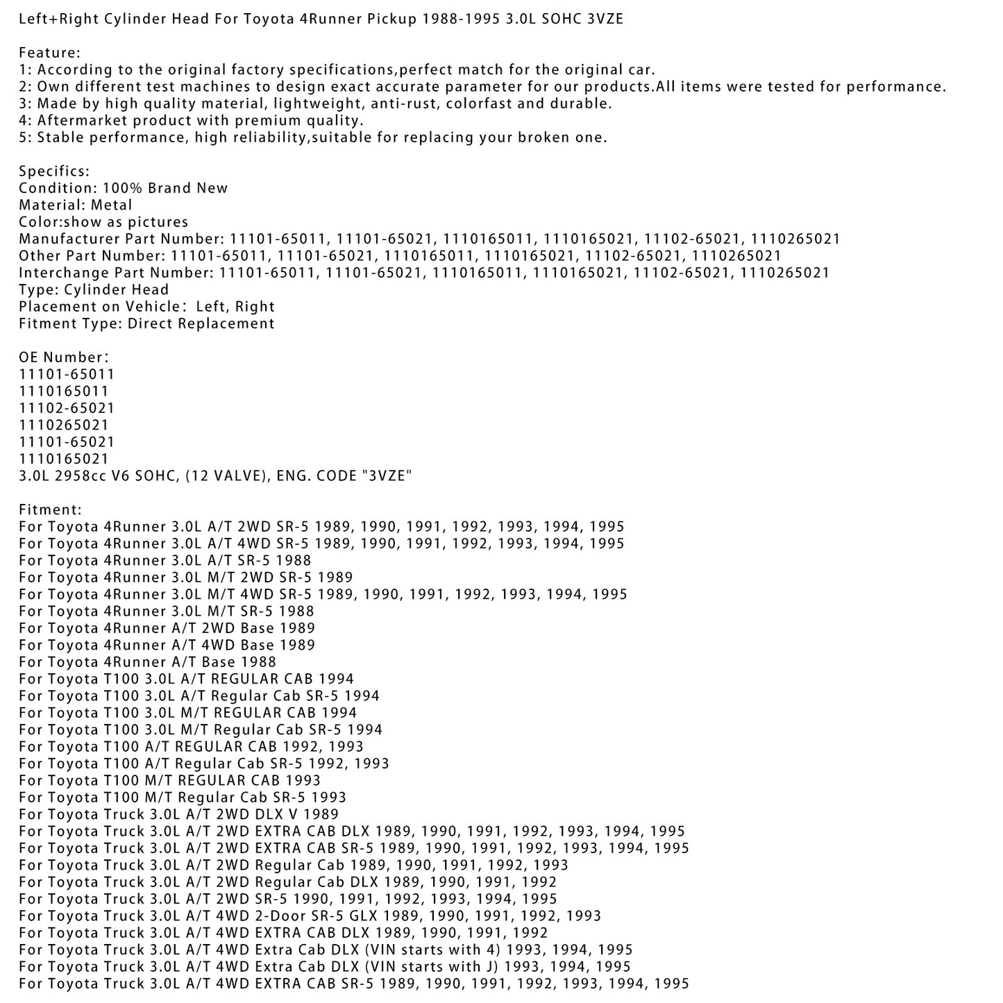 1989-1992 Toyota Truck 3.0LA/T 2WD Regular Cab DLX Zylinderkopf links+rechts 1110165011 1110165021 (Kopie)