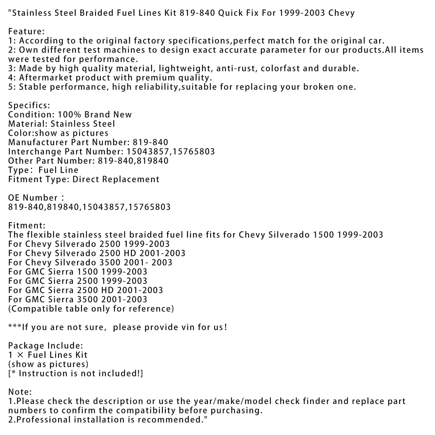 2001- 2003 Chevy Silverado 3500 Edelstahl geflochtene Kraftstoffleitungen Kit 819-840 Quick Fix