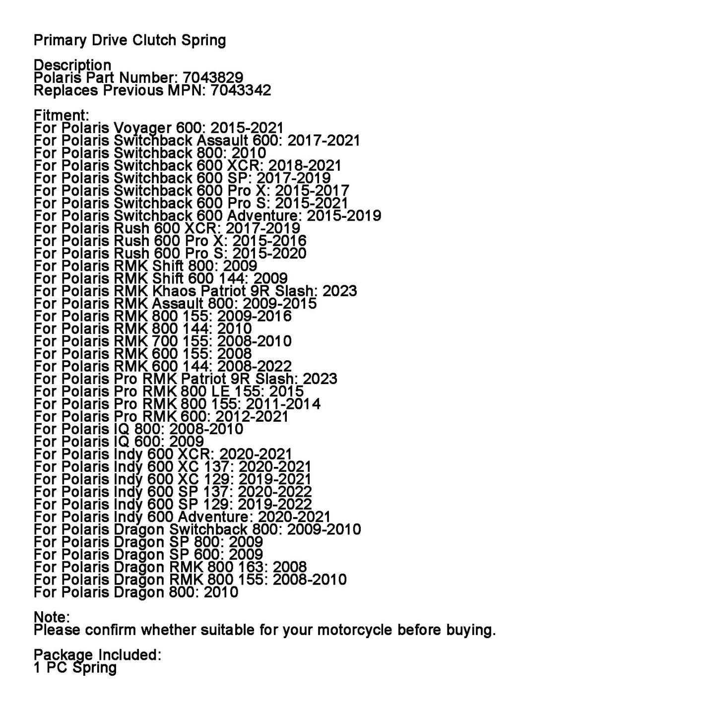 7043342 Primärantrieb Kupplungsfeder 7043829 Für Polaris Switchback Rush RMK Indy