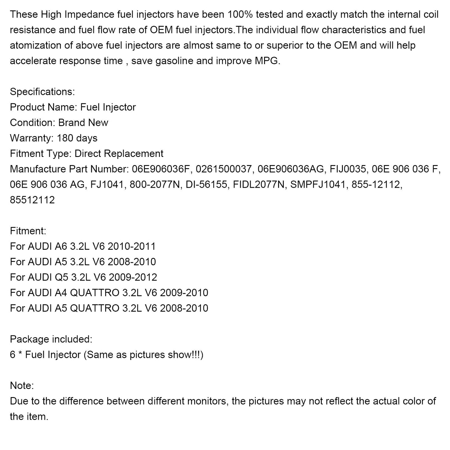 2009–2012 AUDI Q5 3.2L V6 6PCS Kraftstoffeinspritzdüse 06E906036F 0261500037