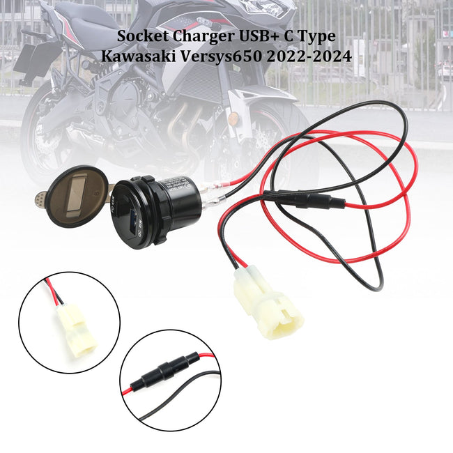 12-V-Steckdosenladegerät Typ USB+C, schnell passend für Kawasaki Versys 650 2022-2024