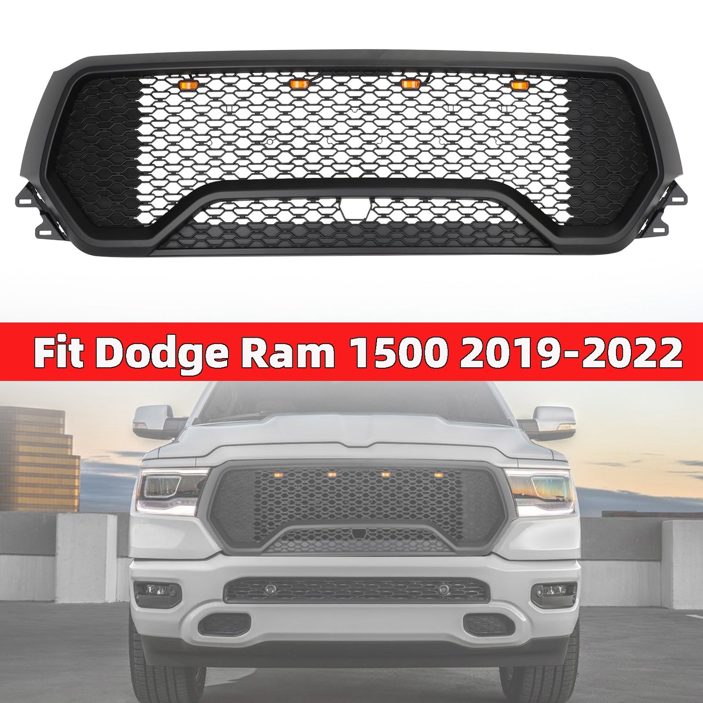 TRX Style LED Honeycomb Front Upper Hood Grille Fit Dodge Ram 1500 2019-2022