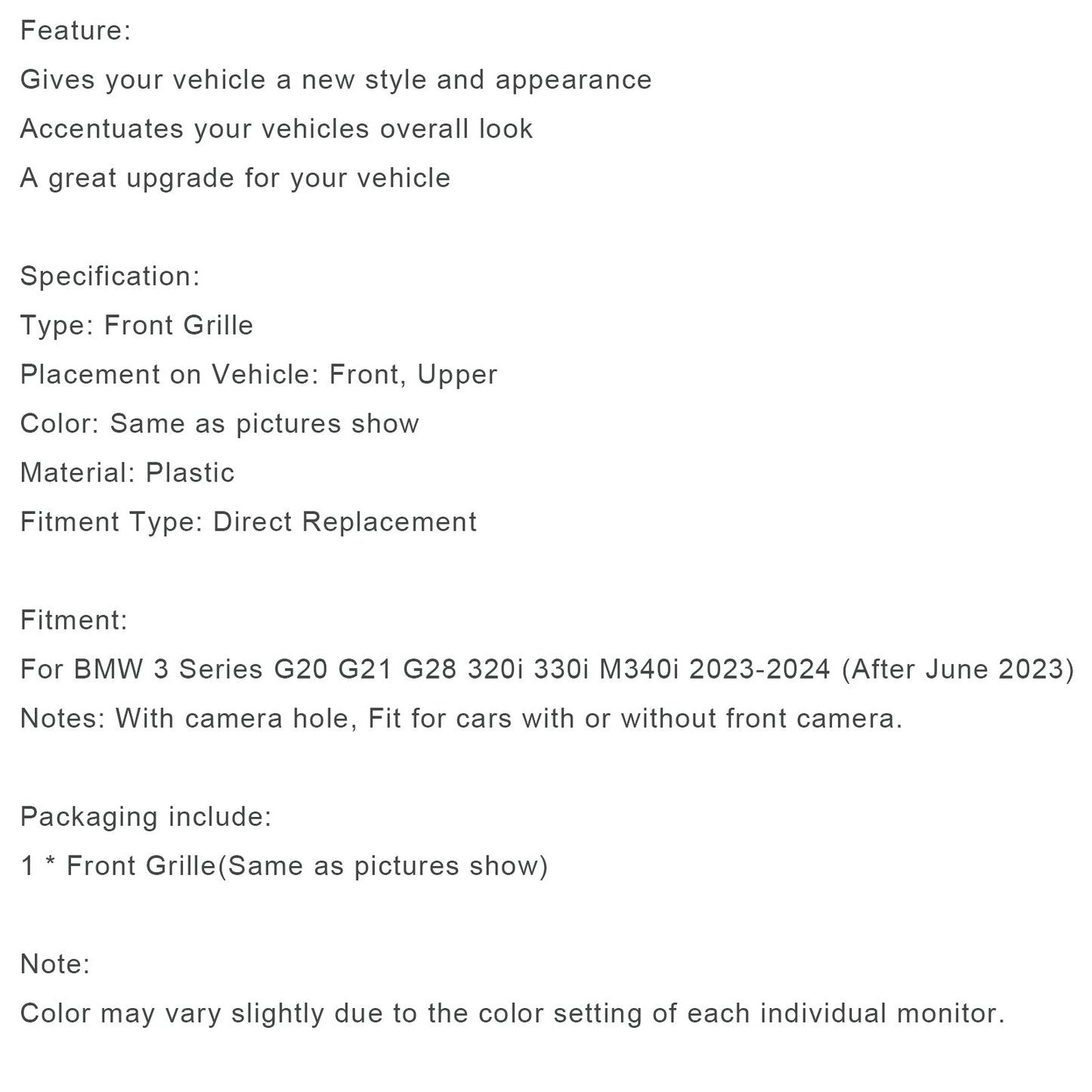 2023–2024 BMW 3er G20 G21 G28 320i 330i M340i glänzend schwarzer Front-Nierengrill