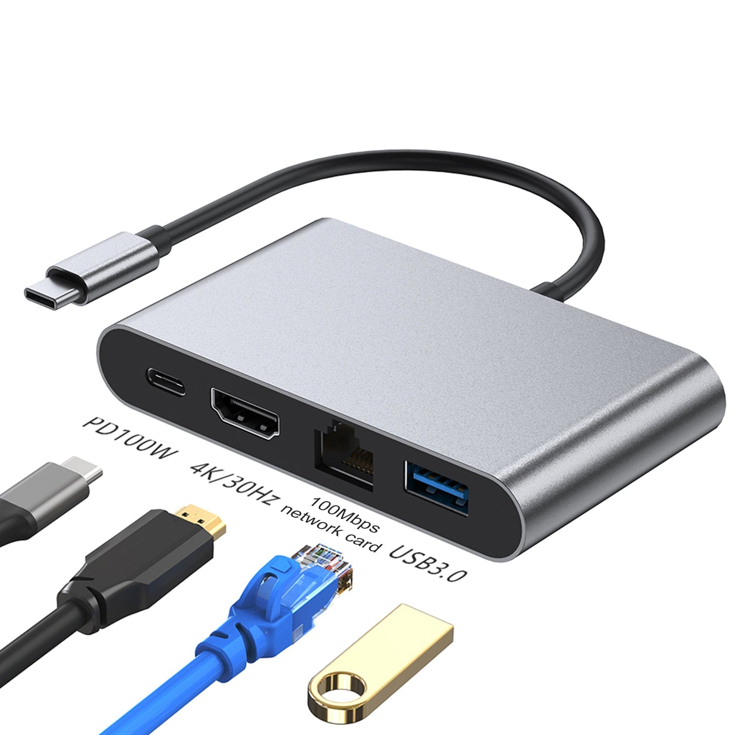 4-in-1-Dockingstation TYPE-C auf RJ45 100M HDMI USB3.0 PD-Schnittstelle für MacBook