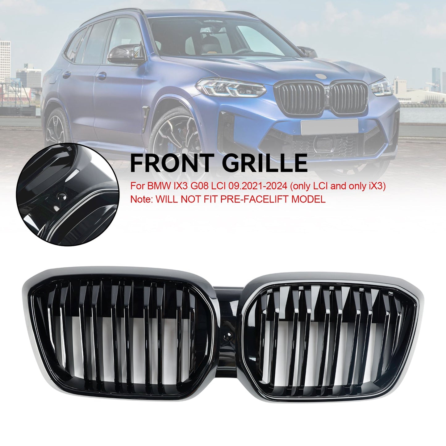 2022+ BMW IX3 G08 LCI Doppellamellen-Frontnierengrill in Schwarz glänzend