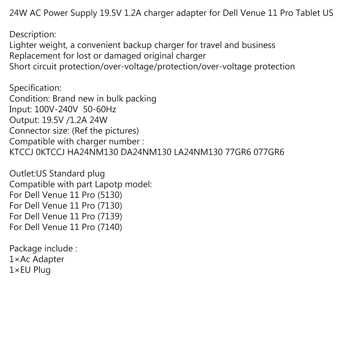 Chargeur adaptateur secteur 19.5V 1.2A pour Dell Venue 11 Pro 24NM130 077GR6 OKTCCJ EU