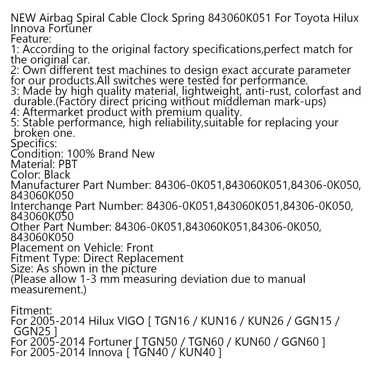 Spiralkabel-Uhr-Feder 84306-0K051 für Toyota Camry Corolla Hilux Yaris