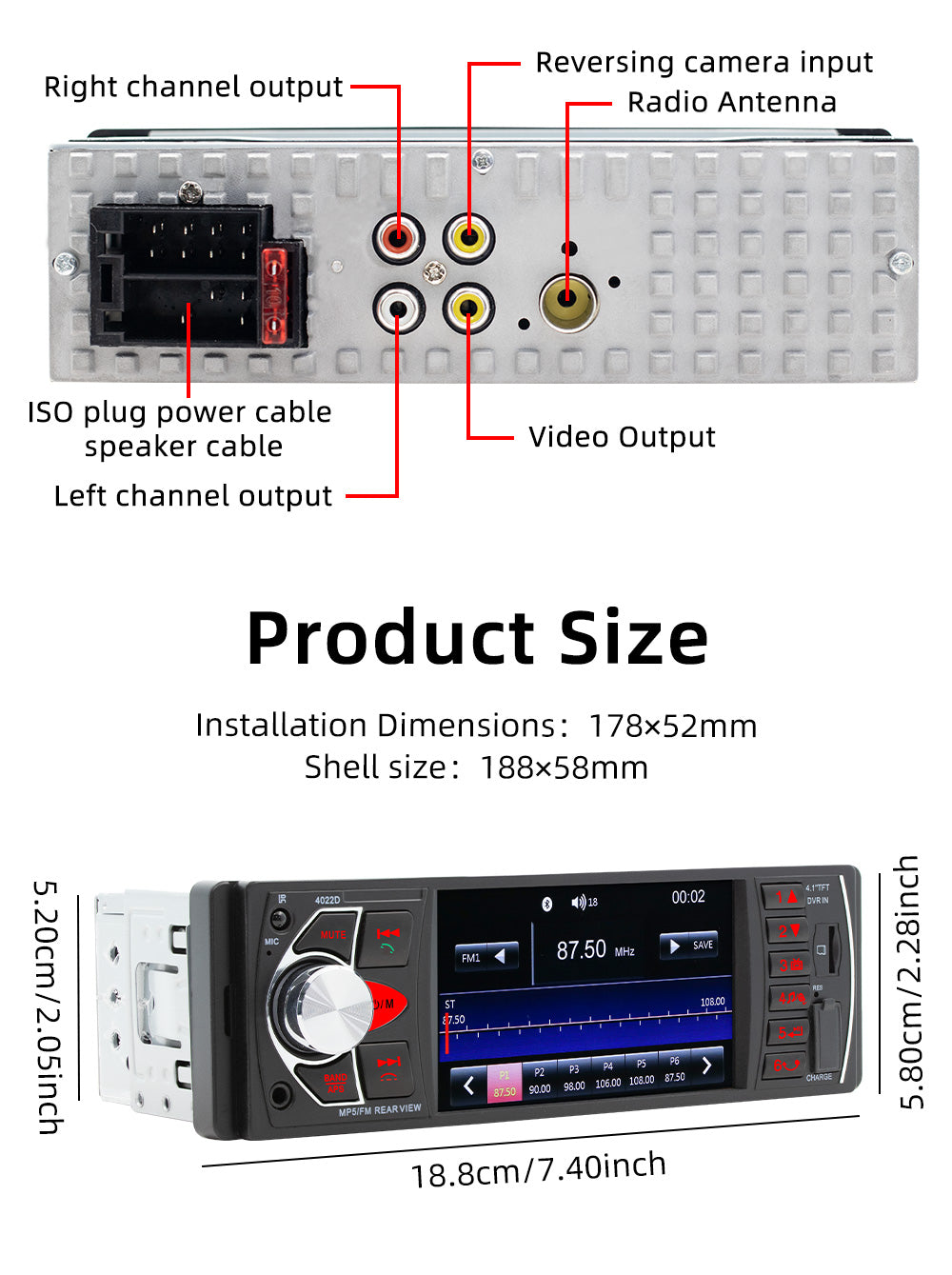 4,1 Zoll Autoradio Stereo 1DIN FM Bluetooth USB AUX Audio MP5 Player mit 4LED Rückfahrkamera