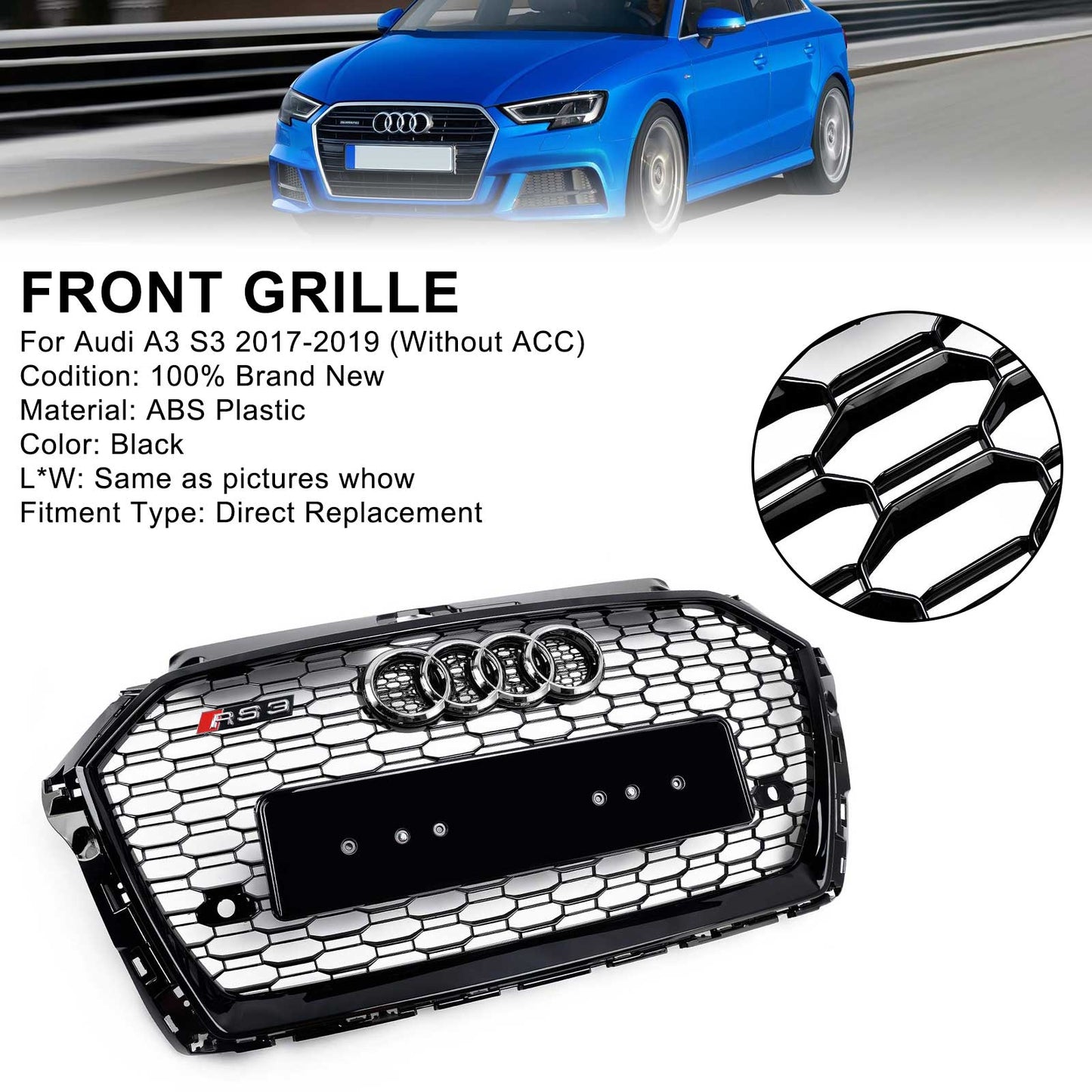 2017–2019 Audi A3 8V RS3 Style Wabengitter Frontstoßstangengrill schwarz