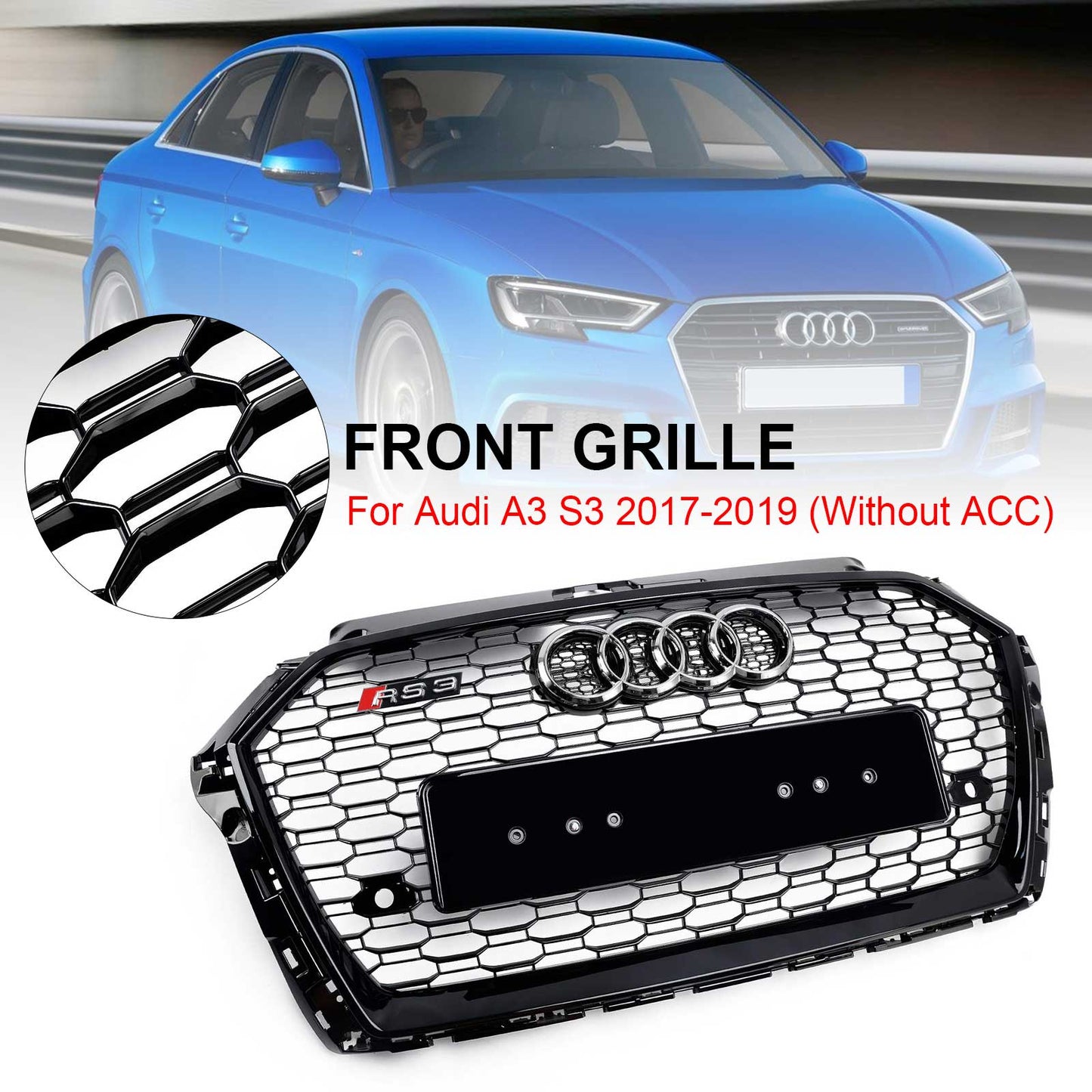 2017–2019 Audi A3 8V RS3 Style Wabengitter Frontstoßstangengrill schwarz