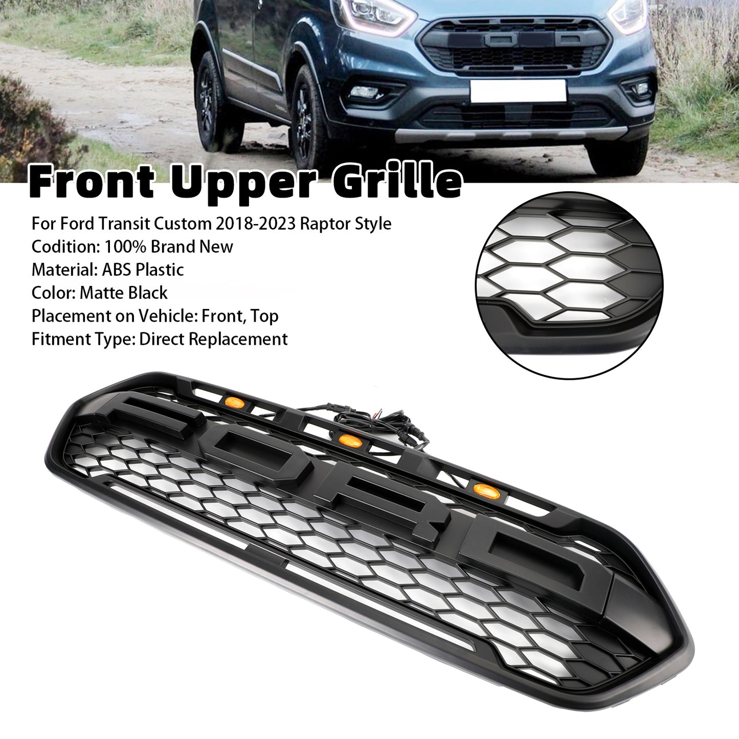 Mattschwarzer Frontstoßstangengrill für Ford Transit Custom Trail 2018-2023 mit 3 LEDs