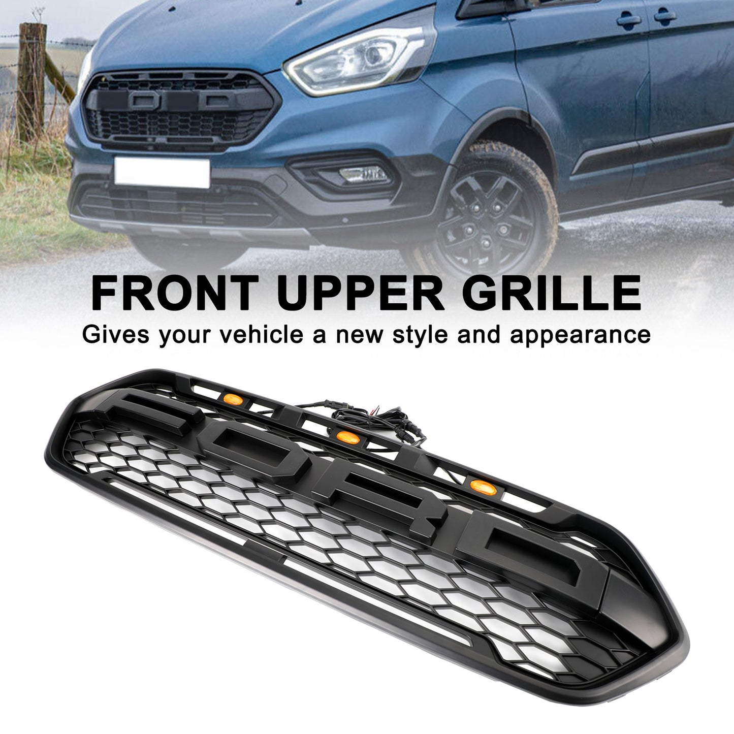 Mattschwarzer Frontstoßstangengrill für Ford Transit Custom Trail 2018-2023 mit 3 LEDs