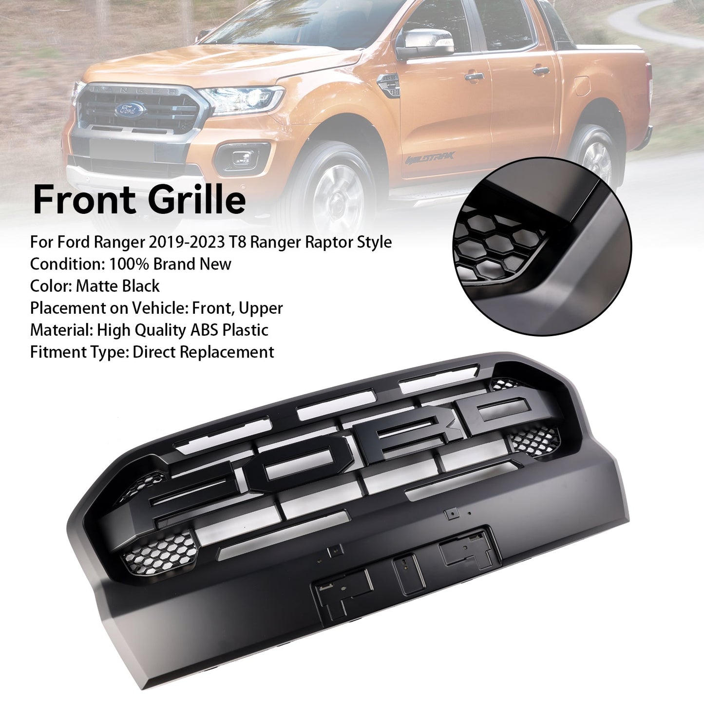 2019–2023 Ford Ranger T8 Mattschwarzer Frontgrill im Ranger Raptor-Stil