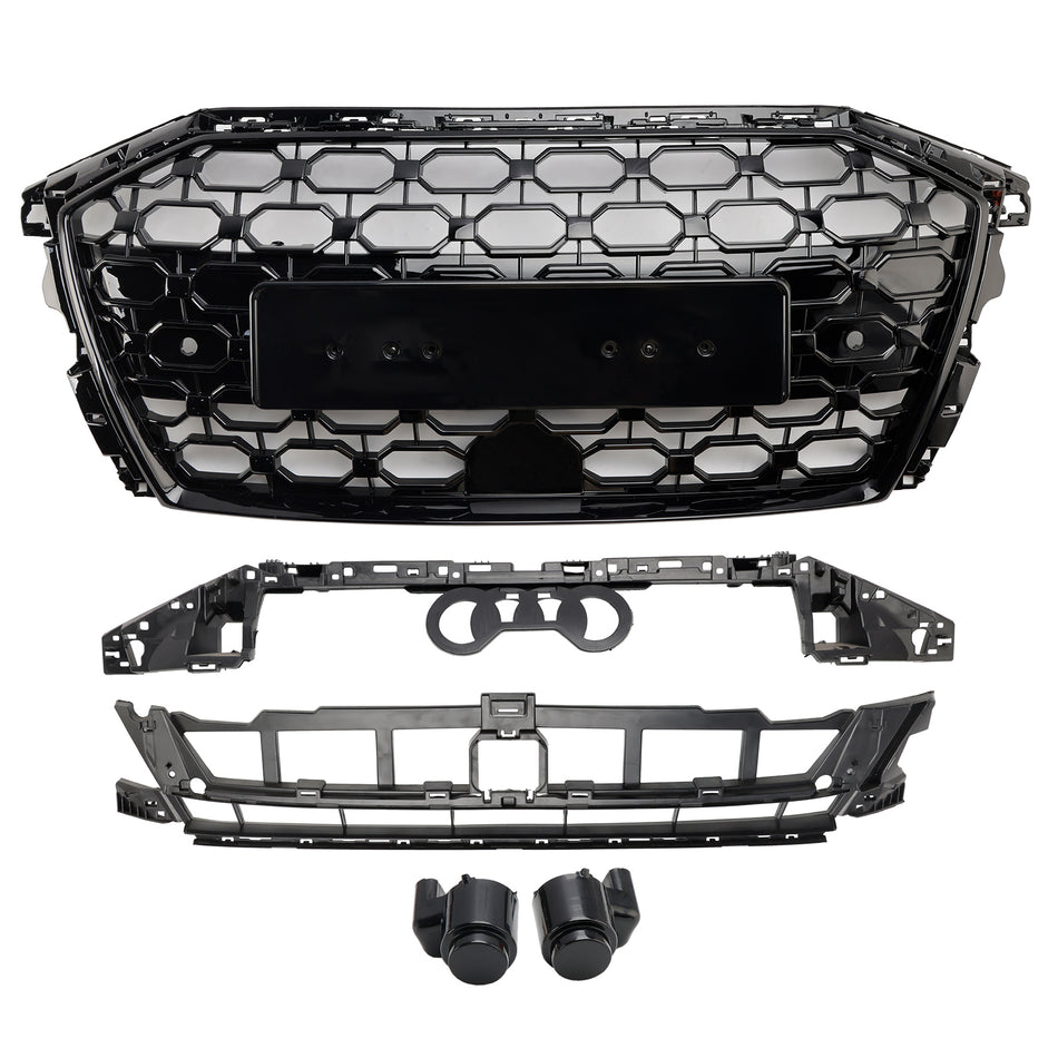 RS3 Style Waben-Kühlergrill für Audi A3 S3 2020–2024, Glänzendes Schwarz
